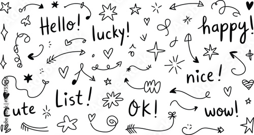 Fun Doodle Set with Arrows, Hearts, Stars, and Words Like Hello and Happy