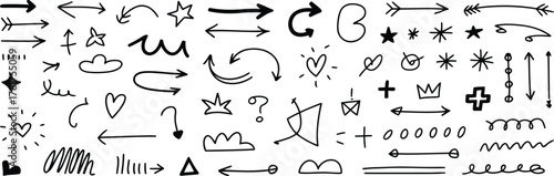 Hand Drawn Arrows Hearts Stars Clouds and Doodle Elements Set on White Background