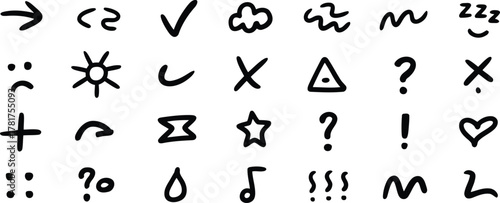Hand Drawn Black Doodle Symbols, Shapes, and Glyphs on White Background Variety Pack