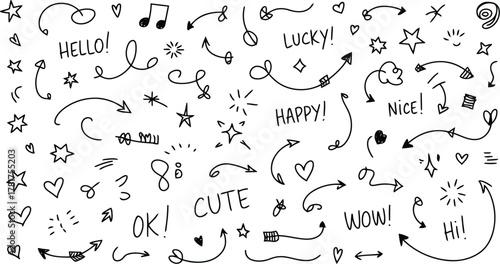 Hand Drawn Doodle Set Featuring Arrows, Hearts, Stars, and Handwritten Words on White