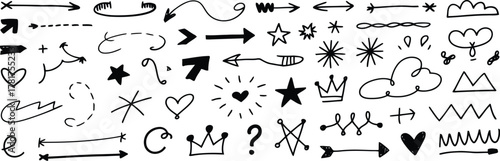 Hand Drawn Doodles Collection with Arrows, Stars, Hearts, Clouds and Crowns Illustration
