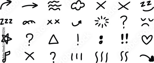 Hand Drawn Set of Arrows, Shapes, Emoticons, and Symbols on White