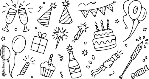 HandDrawn Birthday Party Elements Cake, Balloons, Gifts, Decorations, and More