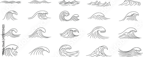 Various Black Line Art Sea Wave Illustrations on a White Backdrop