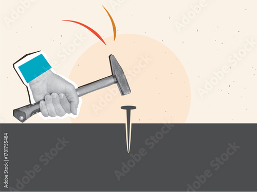A hand with a hammer hammering a nail. Modern collage style. Vector illustration