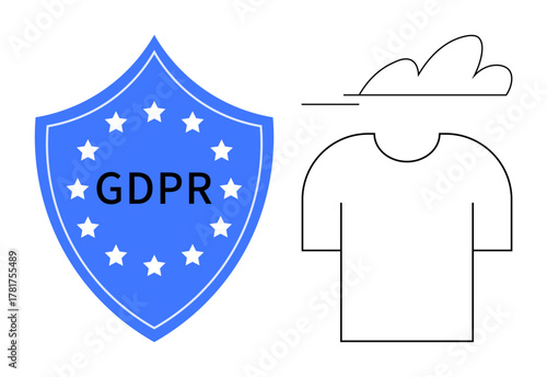 Blue shield labeled GDPR with stars and simplistic cloud over a shirt outline. Ideal for data protection, security, online privacy, compliance, GDPR, technology, and cloud storage. Modern flat