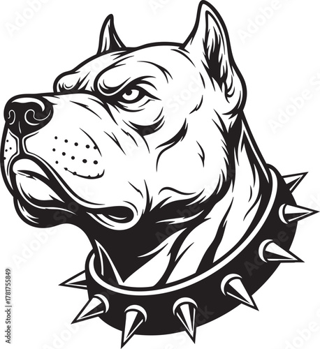 Fierce Pitbull dog head mascot with a spiked collar in a black and white vector illustration style.