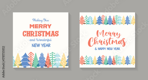 Colourful Christmas tree greeting card collection. Hand drawn decorations. Vector illustration