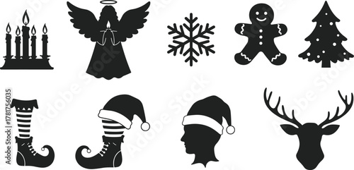 Diverse set of Christmas black silhouette icons, featuring candles, angel, snowflake, gingerbread man, tree, elf legs, Santa hat profile, and reindeer head, perfect for seasonal design elements and 