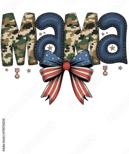 Mama text with camouflage pattern and American flag bow on white background digital camo