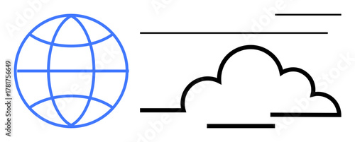 Blue globe alongside a black-and-white cloud outline embodies global connectivity, cloud computing, and data sharing. Ideal for technology, networking, communication, internet, globalization, cloud