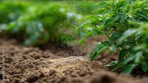 Closeup view of mineralbased fertilizer granules being sprinkled evenly over a vegetable garden bed showcasing efficient nutrient delivery with minimal ecological footprint