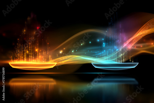 Abstract contrast of data streams, one orange and one blue, balancing on illuminated platforms with flowing energy, symbolizing data comparison and digital flow.