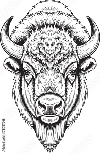 Majestic American bison head in a detailed handdrawn black and white sketch style showcasing its shaggy fur and powerful curved horns.