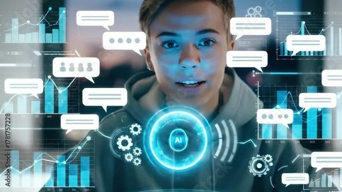 Young woman interacting with holographic ai chatbot and data charts.