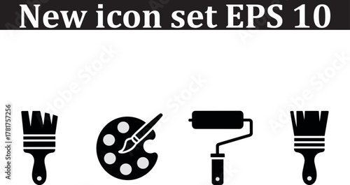 Paint icons set. Paint brush vector icon. Paint roller icon.design element, monochrome, graphic design, craft, interior decoration, linear, paint can, wallpainting, brush, roller, icon,