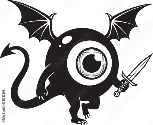 Monochromatic oneeyed monster with bat wings an arrow tail and a dagger.