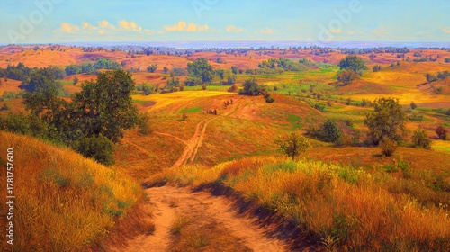 Vibrant summer landscape with rolling hills and clear blue sky.