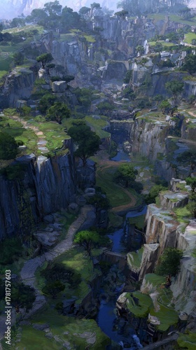 Scenic canyon landscape with lush greenery and rocky cliffs.