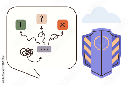 Speech bubble with decision-making process, symbols for confusion, options, decisions shield symbolizing safety. Ideal for problem-solving, security, planning, guidance uncertainty protection. A