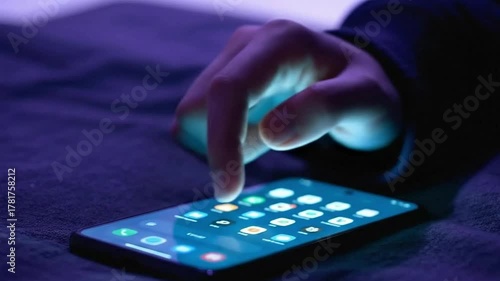 Fingertip touching glowing smartphone screen in dim environment