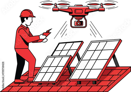 Flat vector illustration of electrician using insulated drone to inspect rooftop solar panels in minimalist red and black style