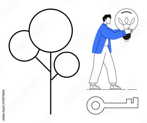 Minimalist graphic featuring a person holding a glowing bulb, a stylized tree, and an abstract key. Ideal for innovation, growth, creativity, sustainability, solutions, opportunity leadership