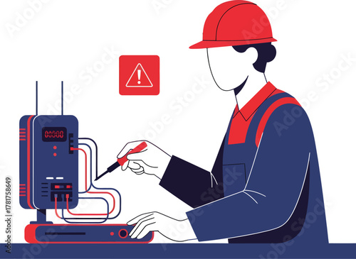 Flat vector illustration of engineer checking smart home hub wiring in futuristic minimalist style, red and navy
