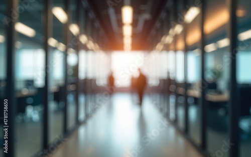 Wallpaper Mural Blurred office hallway with glass walls and warm lighting in modern workspace. High quality Torontodigital.ca