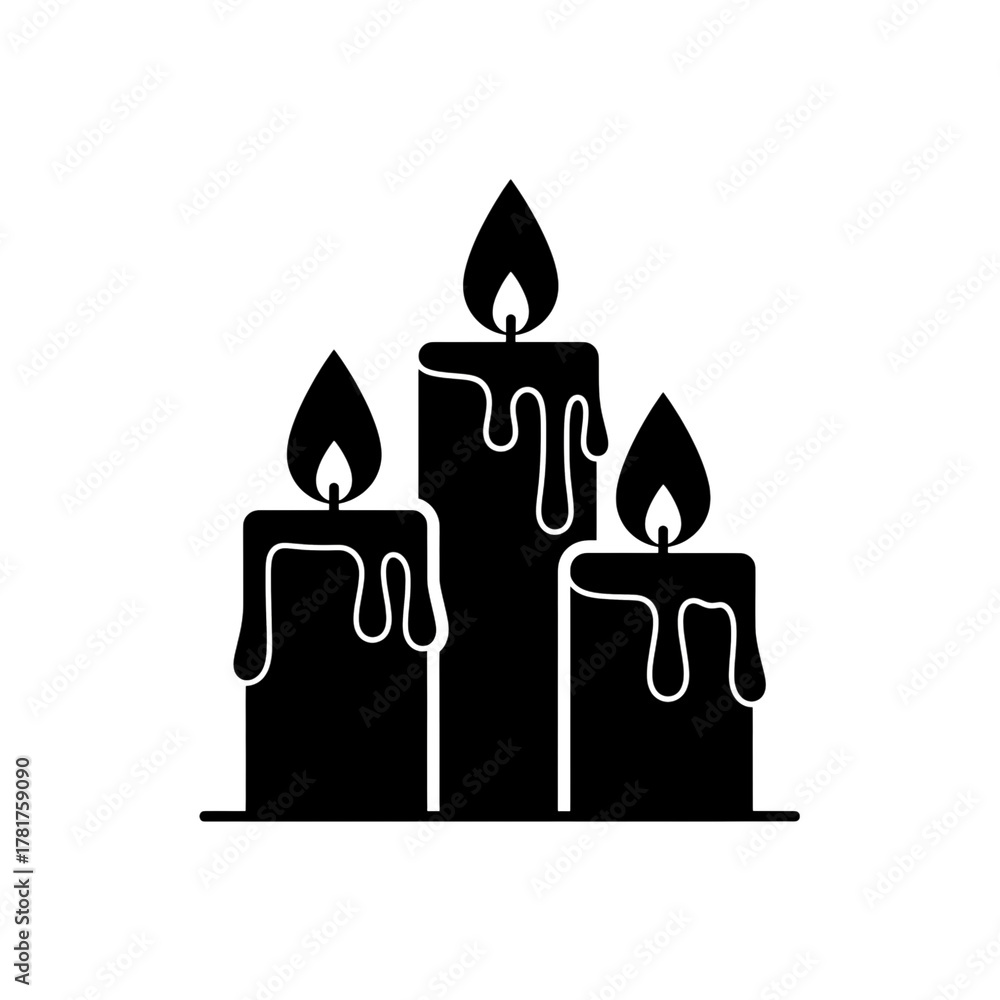 Obraz premium Three elegant white outline candles with dripping wax and flickering flames create a serene, atmospheric mood for any occasion.