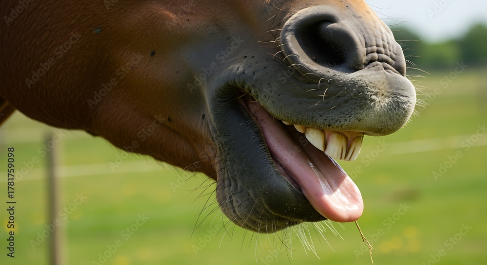 Naklejka premium Close-up of a brown horse face with tongue out, showing teeth and nose in a grassy field
