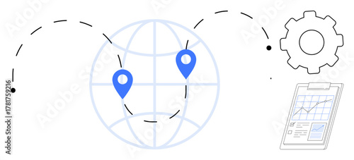 Globe with pinpoint markers linked by dashed lines, gear icon, and clipboard with data chart. Ideal for technology, project planning, globalization, logistics, analytics workflow innovation. Simple