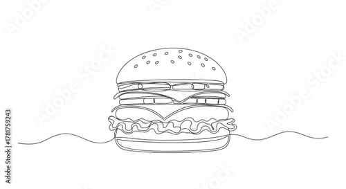 A single continuous one line drawing of a delicious burger with lettuce, cheese, and bun