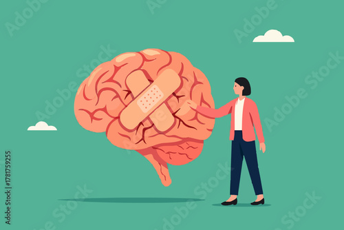 businessman treats Human Brain With Adhesive Plaster, businessman placing bandage on injury, healing or relaxation of the mind