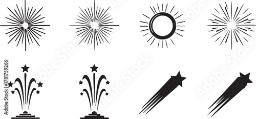 Starbursts, sun rays, firework explosions, and shooting stars vector pack. Vector