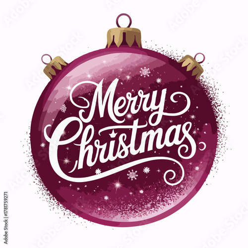 A beautiful glossy deep pink christmas bauble with merry christmas text and sparkling glitter isolated on white background