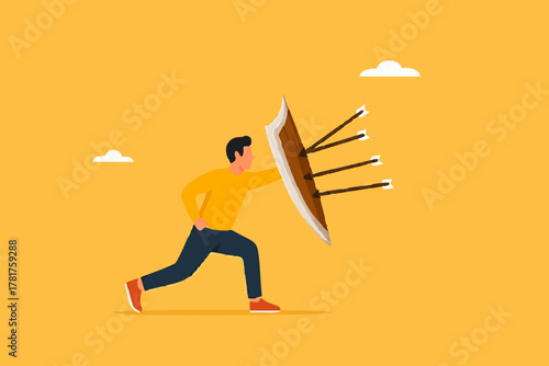protection from threats, protects from Cyber ​​Threats to Businesses growth, protective shield company data security from cyber attacks, businessman uses a protective shield to ward off arrow attacks