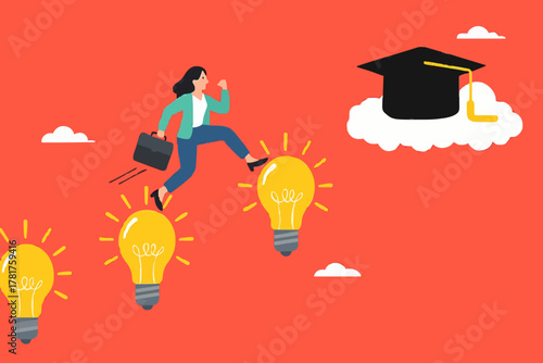 success step to achieve high education with knowledge, way to achieve higher education, journey to graduation, man jump through the light bulb idea towards graduation cap concept vector illustration