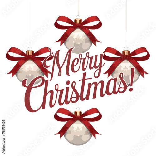 Festive merry christmas greeting with four elegant white baubles adorned with red bows hanging in a cross shape isolated on white background