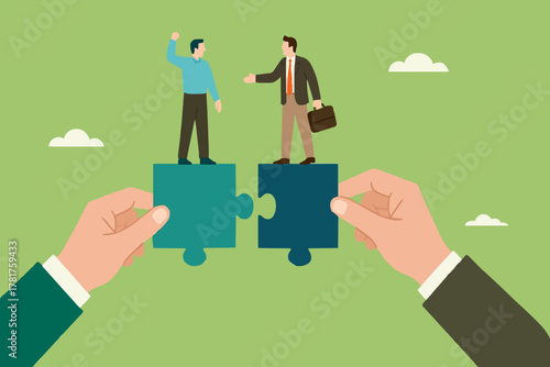 partnership or collaboration to success, teamwork to solve jigsaw puzzle, agreement with corporate, business people shaking hands to connect puzzles together concept vector illustration