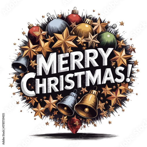 Festive merry christmas text surrounded by a vibrant explosion of golden stars shiny baubles and jingle bells isolated on white background