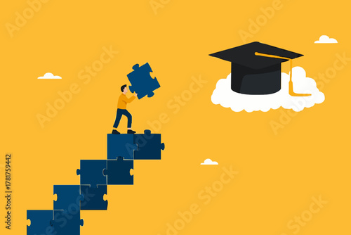 high education, success step to achieve higher education, cost to graduate high degree education, the way to achieve high education, people making ladder from puzzle going to graduation cap