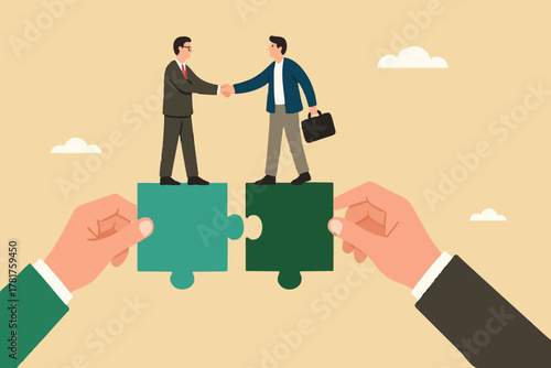 partnership or collaboration to success, teamwork to solve jigsaw puzzle, agreement with corporate, business people shaking hands to connect puzzles together concept vector illustration