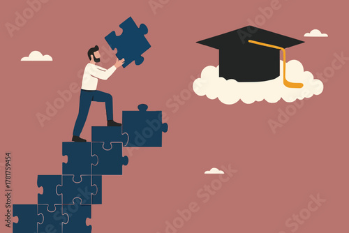 high education, success step to achieve higher education, cost to graduate high degree education, the way to achieve high education, people making ladder from puzzle going to graduation cap