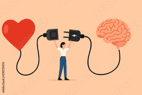 heart and brain connection, align your heart and brain, control feeling and emotion with logical thinking brain, woman connect plug with heart to brain concept vector illustration