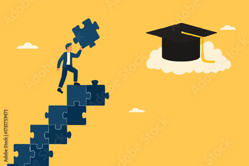 high education, success step to achieve higher education, cost to graduate high degree education, the way to achieve high education, people making ladder from puzzle going to graduation cap