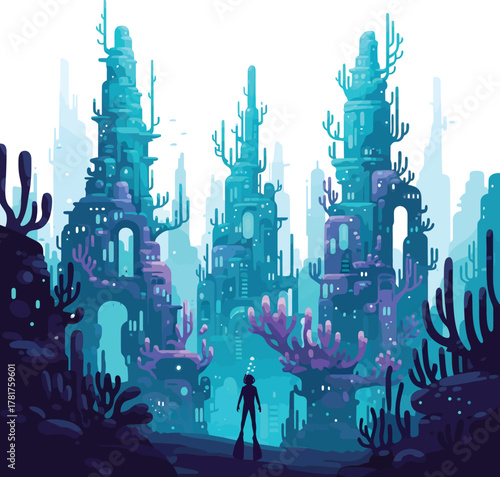 Flat vector illustration of diver exploring glowing coral city underwater in minimalist teal and purple style