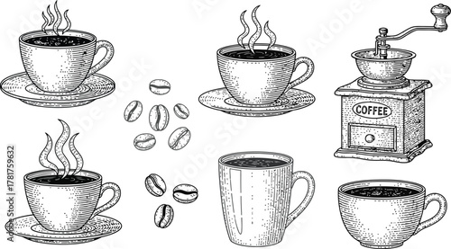 Coffee items silhouette collection including steaming cups mug grinder and beans