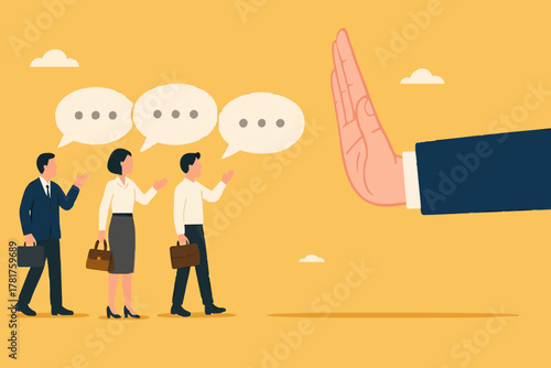 rejection in business, say no or disapprove, work conflict, decline or refuse in conversation, deny request, statement of disagreement, businessman hand reject or employee request or opinion

