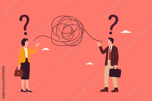 Communication problem or conflict opinion, misunderstanding or confusion, dissent or miscommunication concept, two confused work partners communicating with messy lines